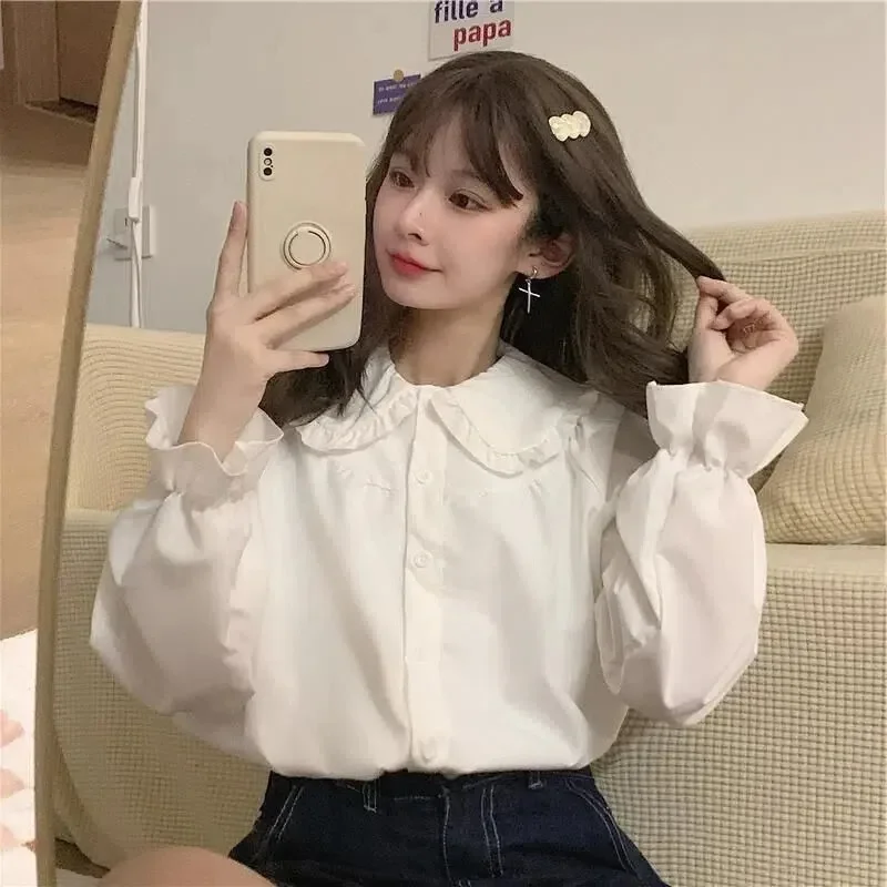 Gidyq Vintage Women White Shirt Preppy Style Fashion Elegant Female Long Sleeve Blouse Y2K Sweet Kawaii All Match Shirts