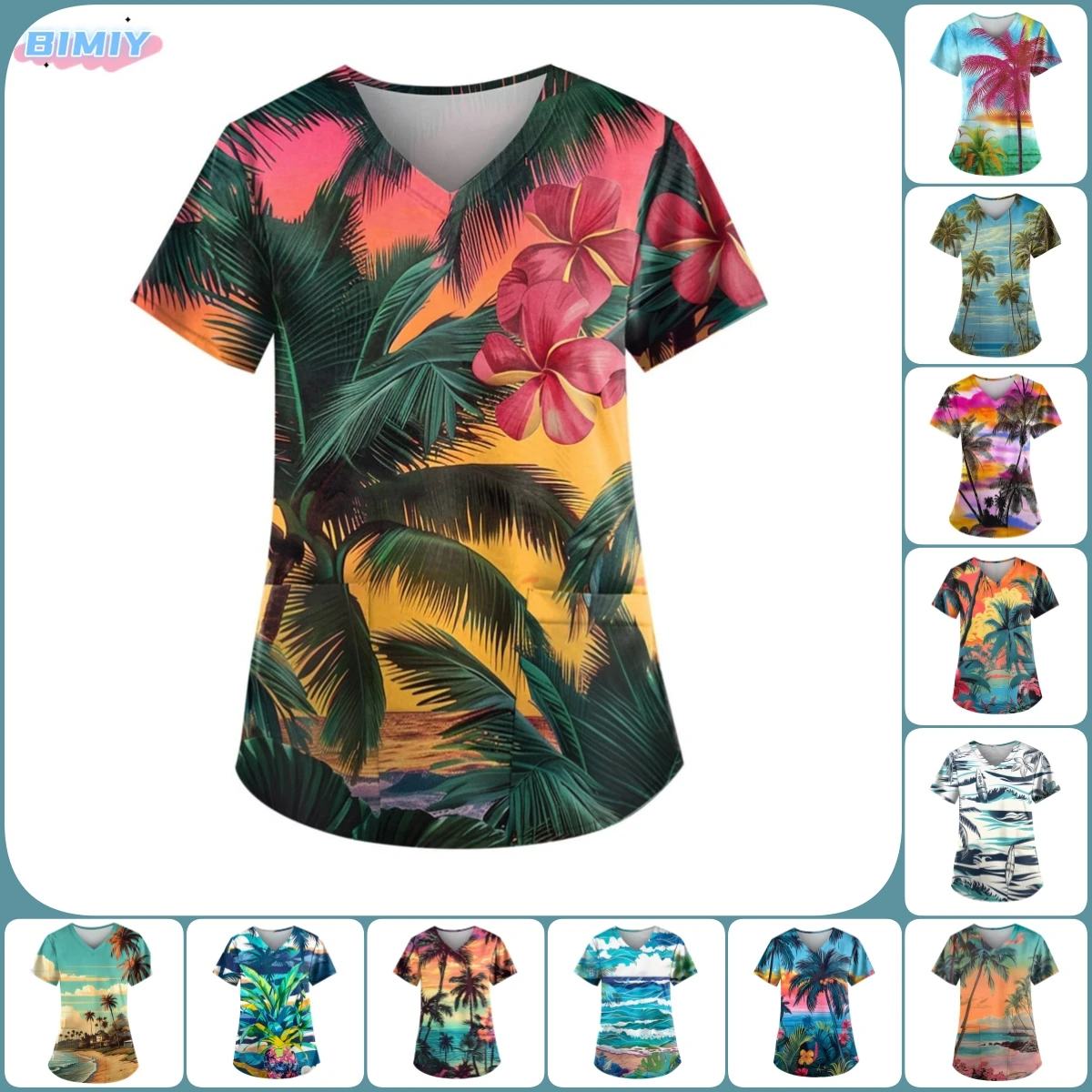 

Summer Nurse Uniform Women Coconut Palm Short Sleeve Neck Tops Working Uniform Blouse Scrubs Workwear Nursing Working T-shirts