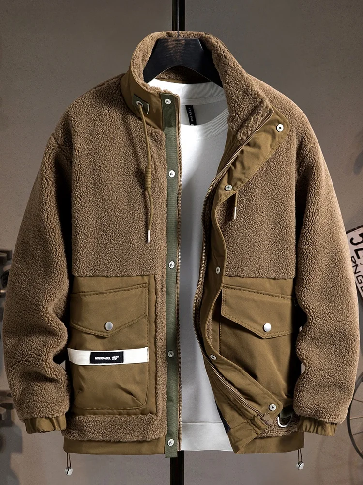 

Теплая повседневная куртка из овечьей шерсти для мужчин: свободный крой, ветрозащитная, утепленная хлопковая, молодежная, на молнии, в городском стиле
