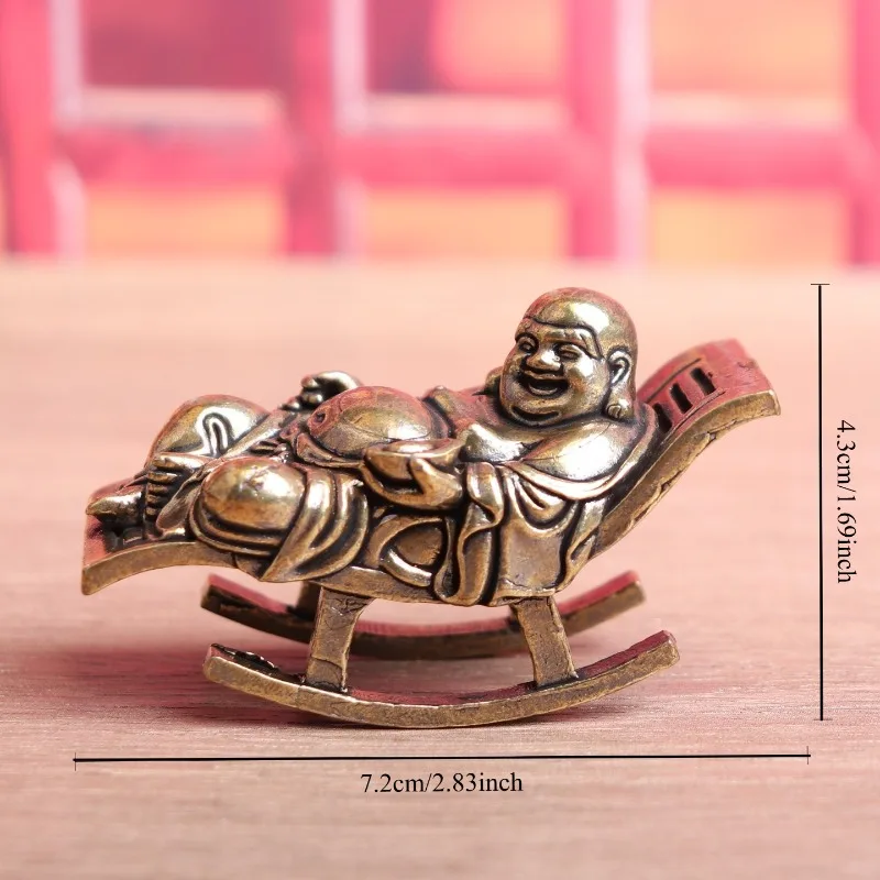 Vintage Brass Laughing Buddha Figurine Mini Happy Buddha on Rocking Chair Statue Desktop Ornament Retro Feng Shui