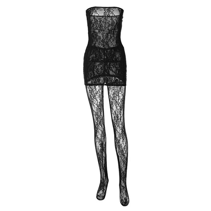 Women Lace Tights Outfits 2 Pieces Sexy Strapless Tube Top Mini Bodycon Dress and Pantyhose Stockings Set Lingerie DropShip