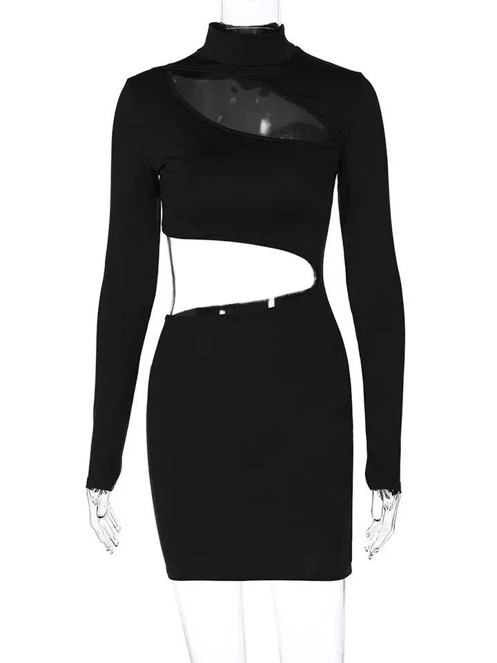 Women's Spring Autumn Bodycon Mini Dress Sexy Cut Out Long Sleeve Mock Neck Slim Fitted Tight Dress Y2K Night Club Party Dress