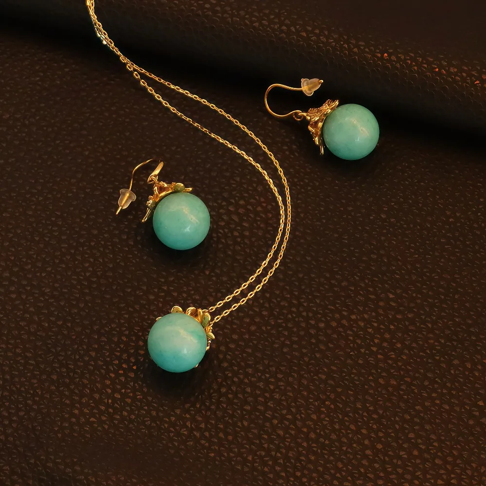 Classic Gold-plated Copper Inlaid Ice Cracked Aquamarine Stone Ball Bead Fishhook Earrings and Necklace
