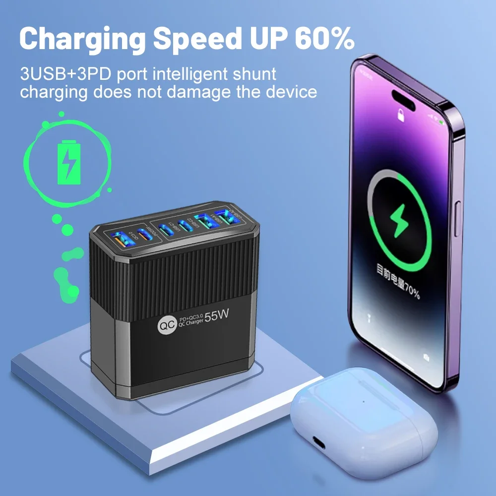 55W USB Fast Charger PD Type C Quick Charge 3.0 Phone Charger EU/US/UK/KR Plug Adapter For iPhone 15 Xiaomi Samsung Wall Charger