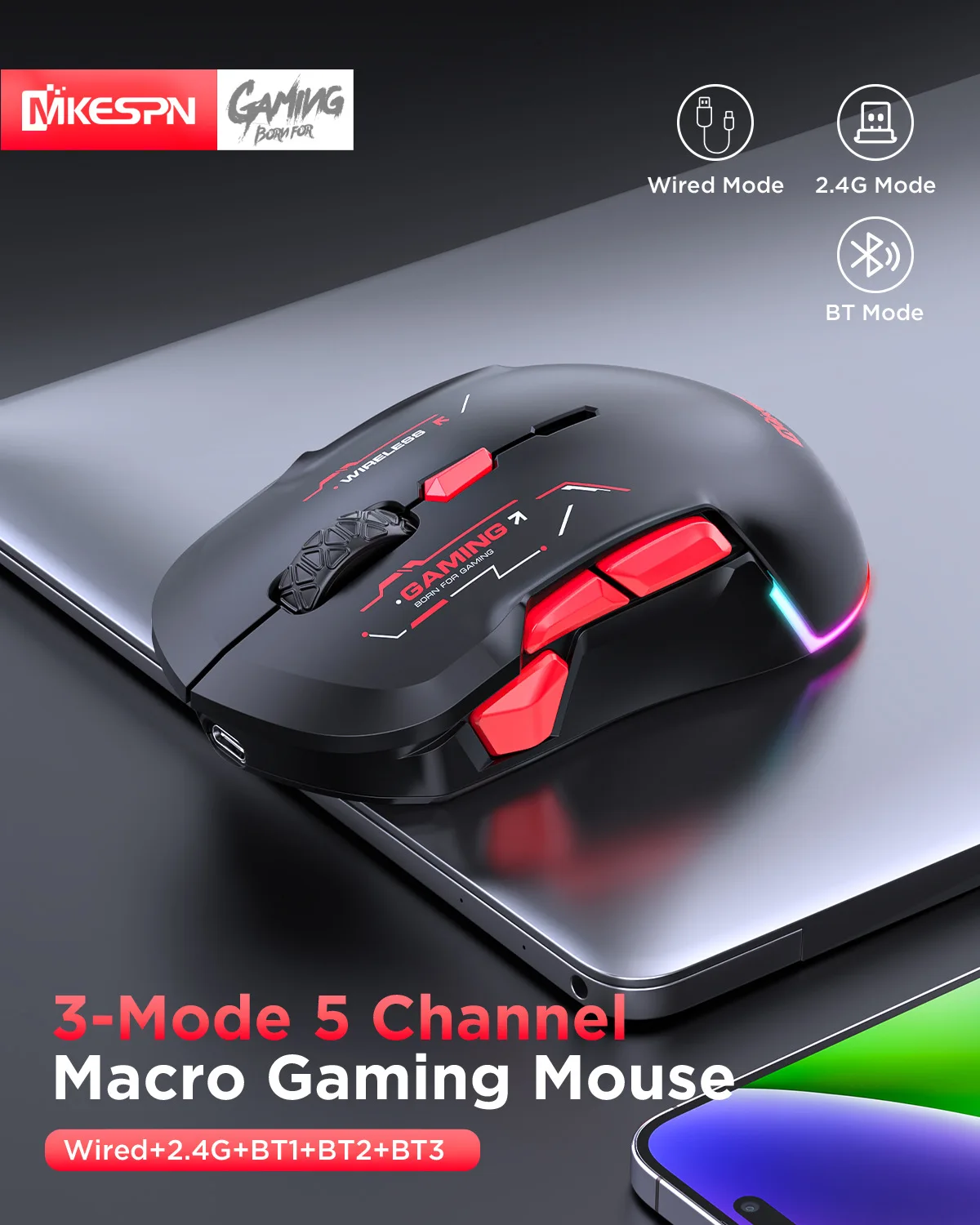 Mouse da gioco wireless Macro RGB da 10000 DPI 10 tasti programmabili Mouse per mano sinistra Gioco ricaricabile Mause per 2.4G/Bluetooth/Wired