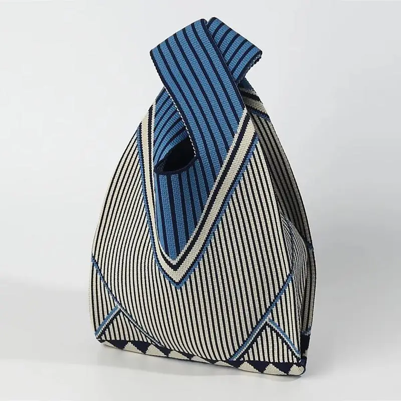 Mini Geometric Striped Knit Handbag Women Soft Reusable Wrist Tote Bag Casual Portable for Shopping Office Commute