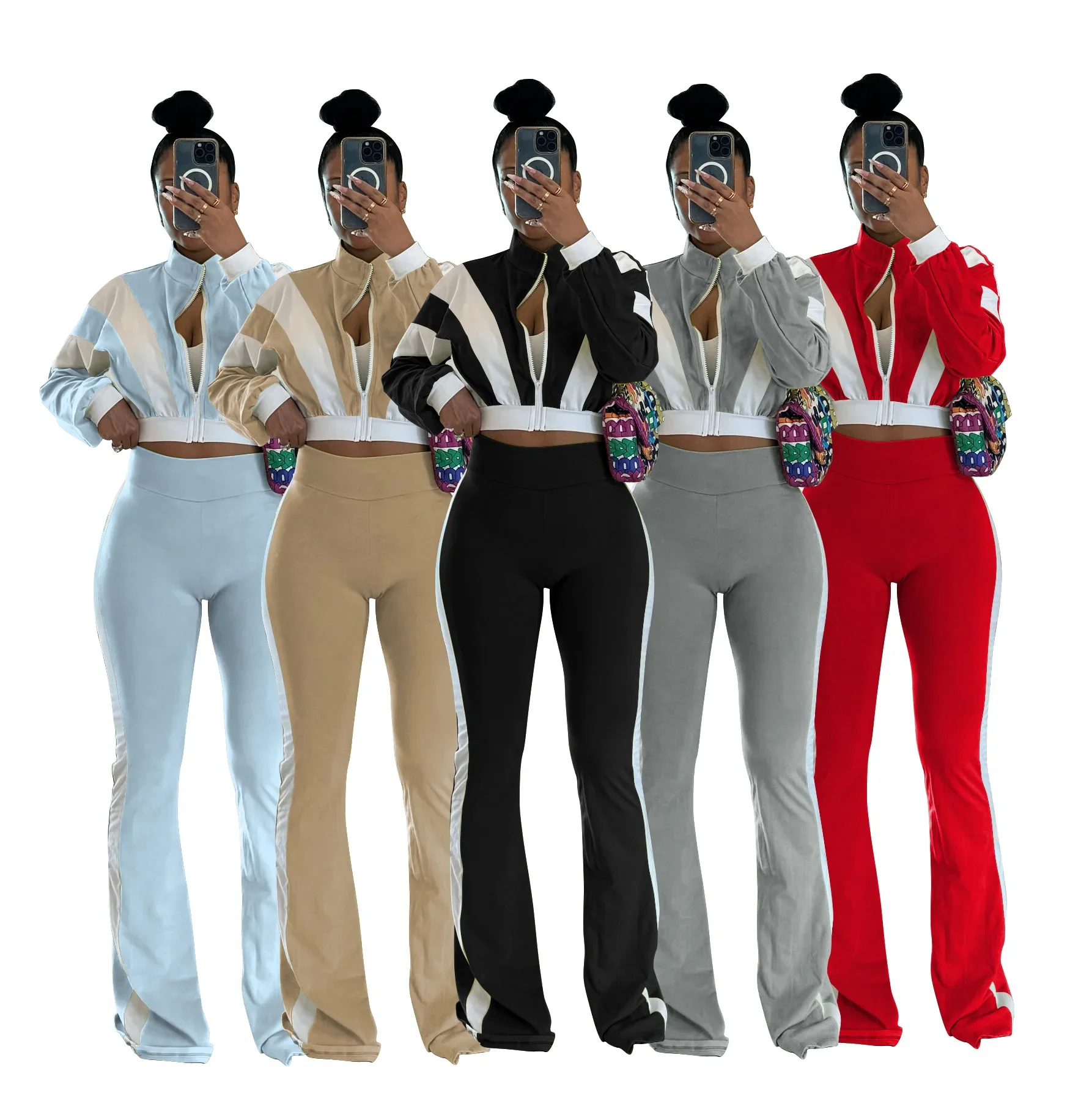 

Женский спортивный костюм на весну и осень, модная куртка с длинными рукавами и высокой талией, расклешенные брюки, повседневный комплект из двух предметов, женский комплект для бега