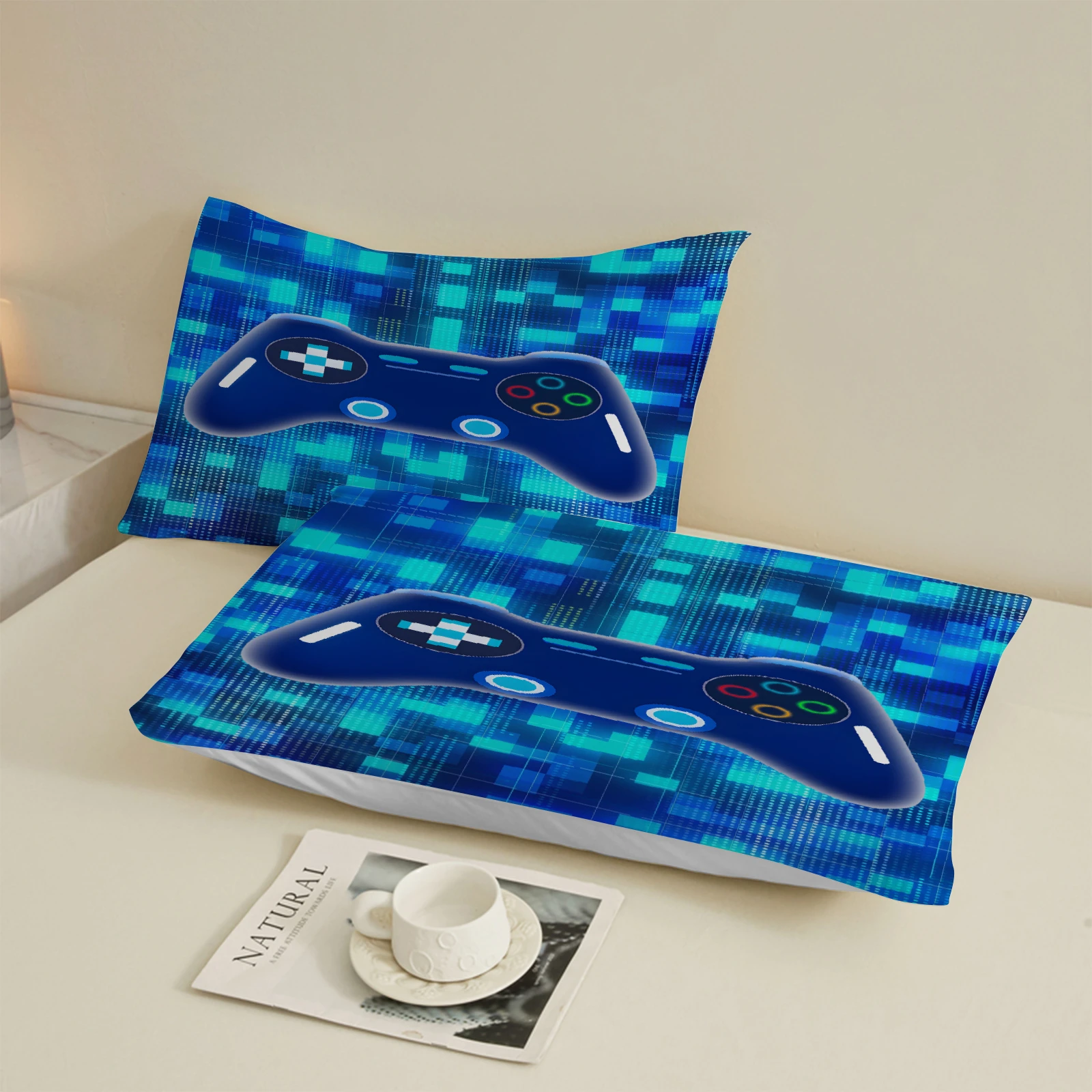 Size Bed in A Bag 3/4 Pieces Gaming Bedding Set for Boys Blue Gamer Comforter with Sheet Set for Kids Teen Cool Video Game Quilt