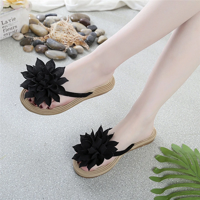 Fashion Women Flip Flops Casual Flower Slippers Ladies Slip on Shoes Female Slides Beach Sandals Flat Slippers for Women Black