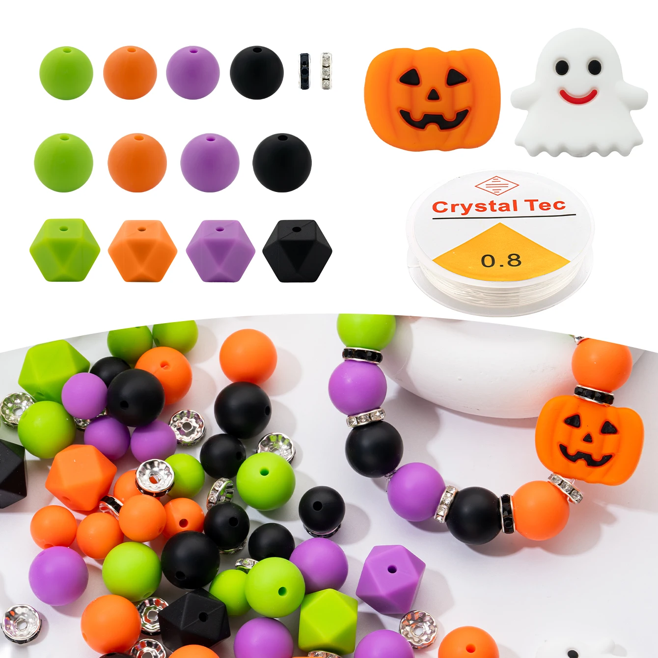 70Pcs Halloween Style Silicone Beads Set Beads Silicone Round Bead For bracelet Making，Home Decoration Handmade DIY Accessories