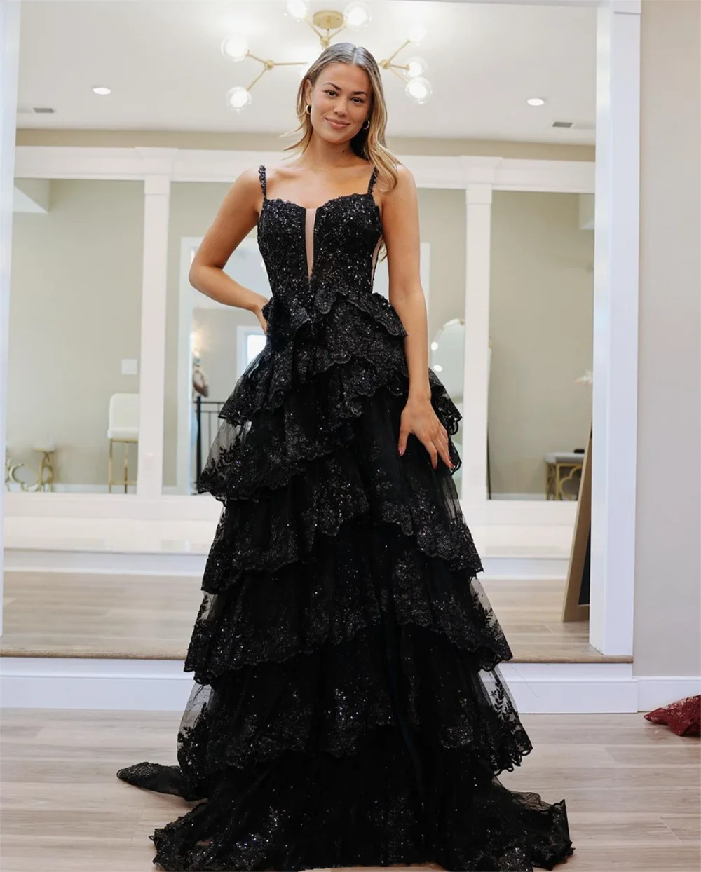 Jessica Black Glitter Graduation Prom Dresses Tulle Layering Sexy Side Slit Evening Dresses Party Dresses 2024Wedding Dress