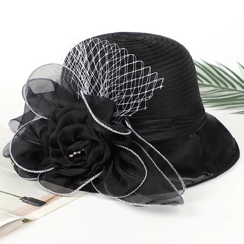 Women's Organza Sun Hat Wide Brim Bucket Cap Flower Wedding Church Dress Hat Fascinator Bridal Tea Party Hat