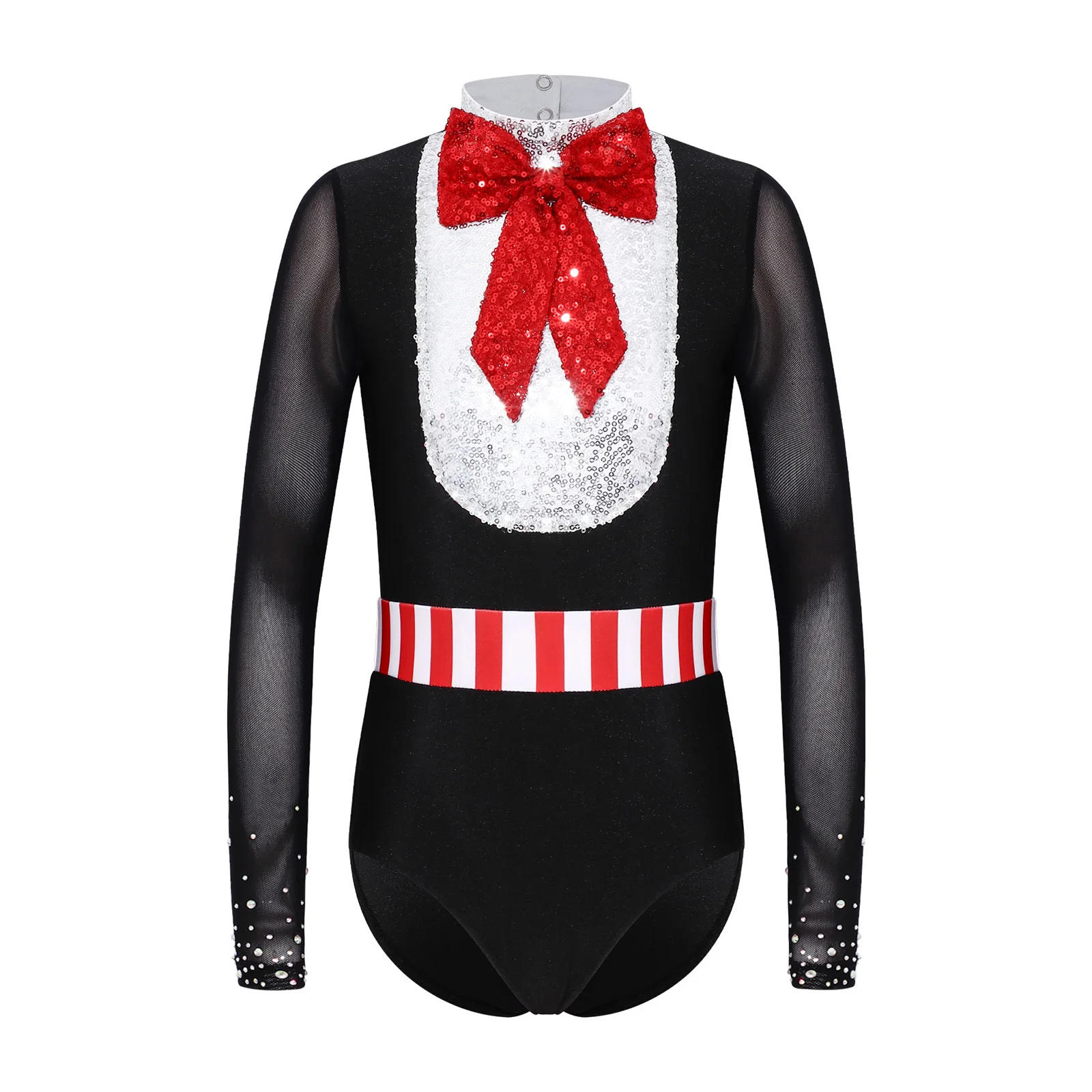 Long Sleeve Sequin Bowknot Ballet Bodysuit for Kids Girls Mesh Patchwork Triangle Jumpsuit for Halloween Themed Party Cosplay view 2