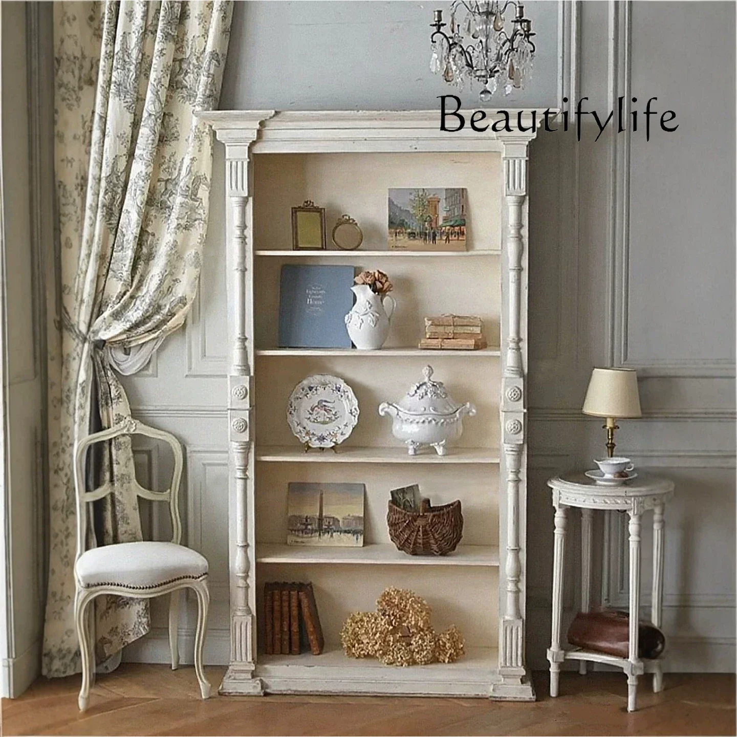 French solid wood bookcase villa living room carved display cabinet American country study old household goods