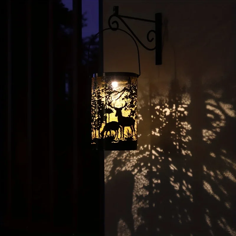 Solar Lantern Deer And Forest Pattern Hollow Projection Light Outdoor Garden Decor Threshold Courtyard Landscape Terrace Lamp