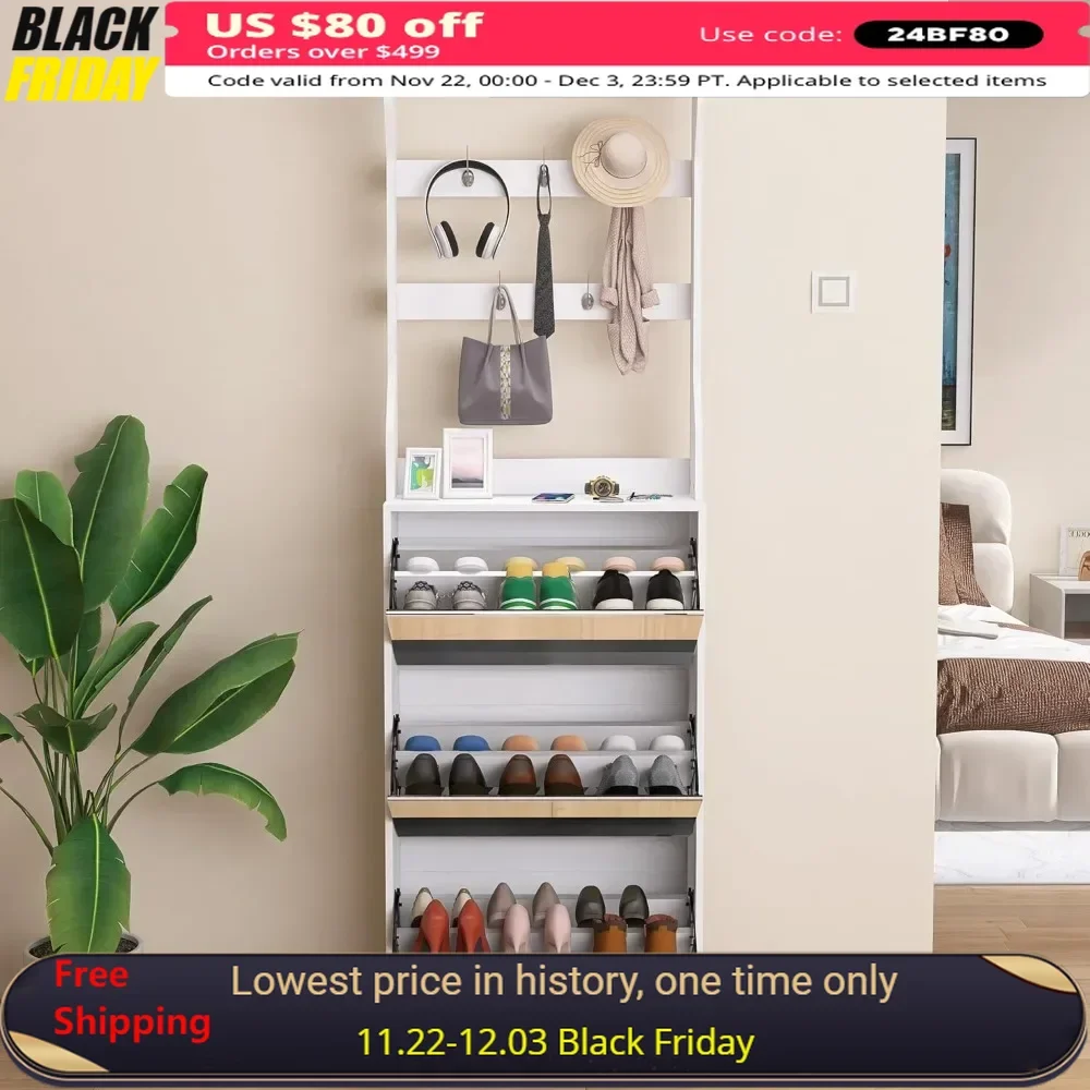 Mirror Shoe Cabinet with 3 Flip-Tier Drawers，Organizer for Up To 18 Pairs of Shoes，Plus Hooks & Hangers，Shoe Rack