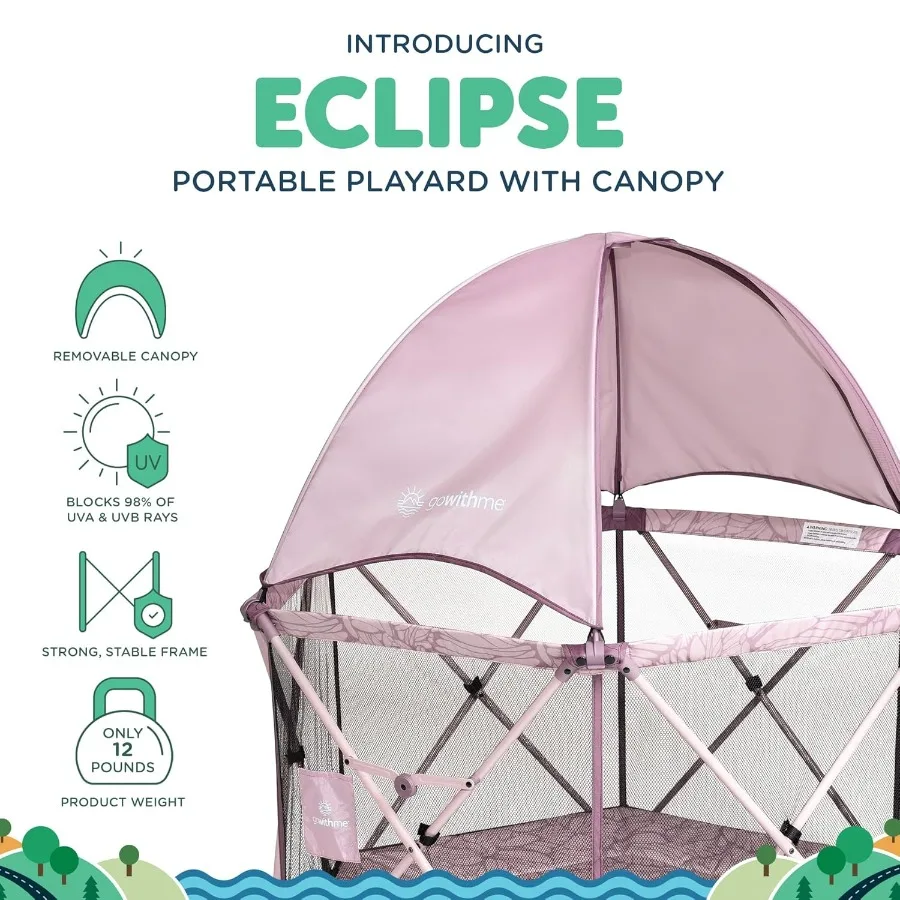 Go with Me Eclipse Deluxe Portable Playard Playpen Sun Canopy Indoor and Outdoor Ultra Padded Nylon Floor Canyon Rose