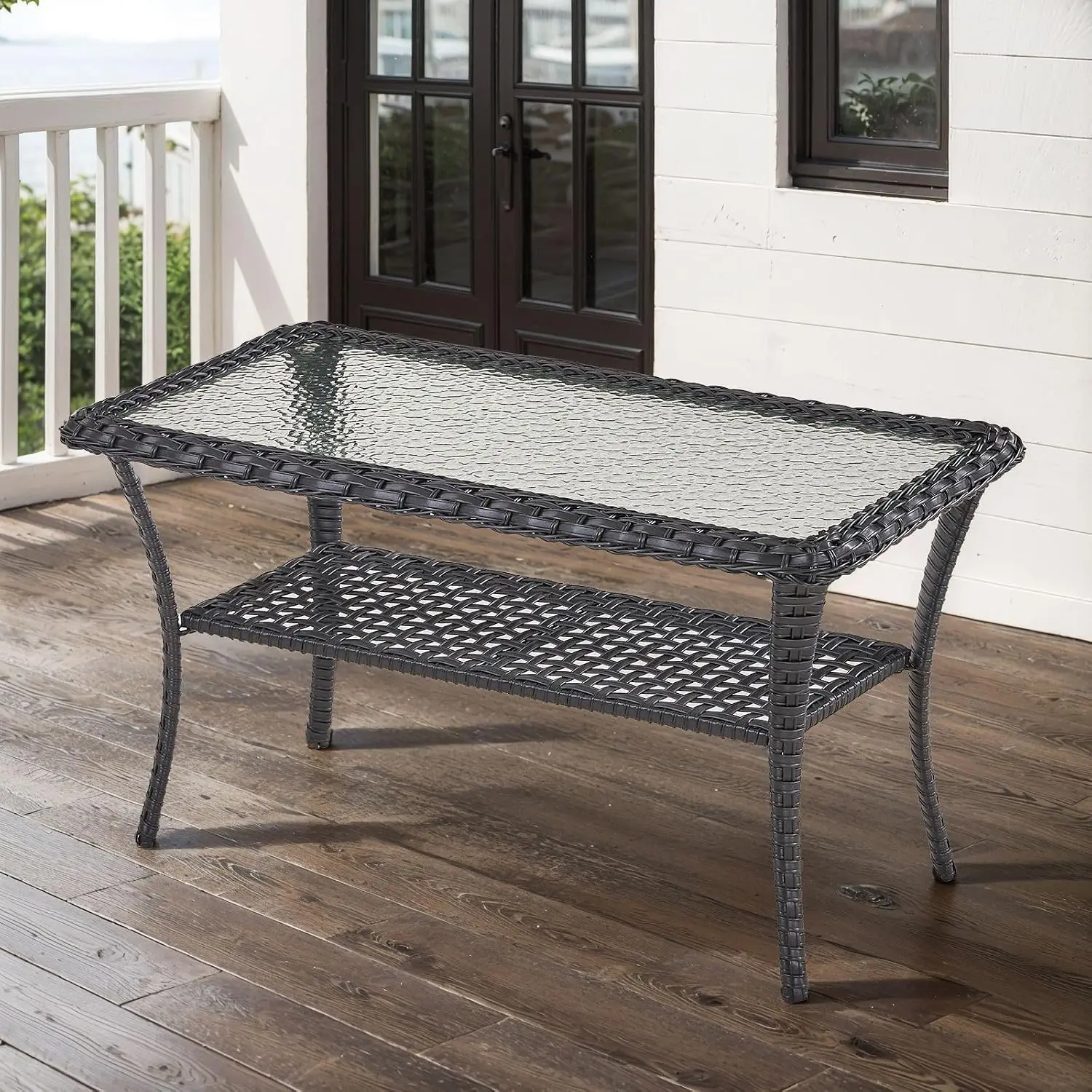 38 Inch Outdoor Coffee Table With 2 Tier Storage - Wicker Coffee Table With Water Ripple Texture Tempered Glass, Customized