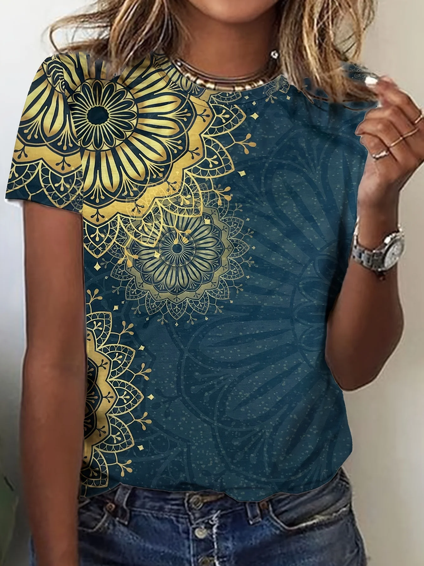 Teal & Gold Women's Tee - Mandala Pattern Graphic, Boho Ornate Print Design for Casual Daily Wear
