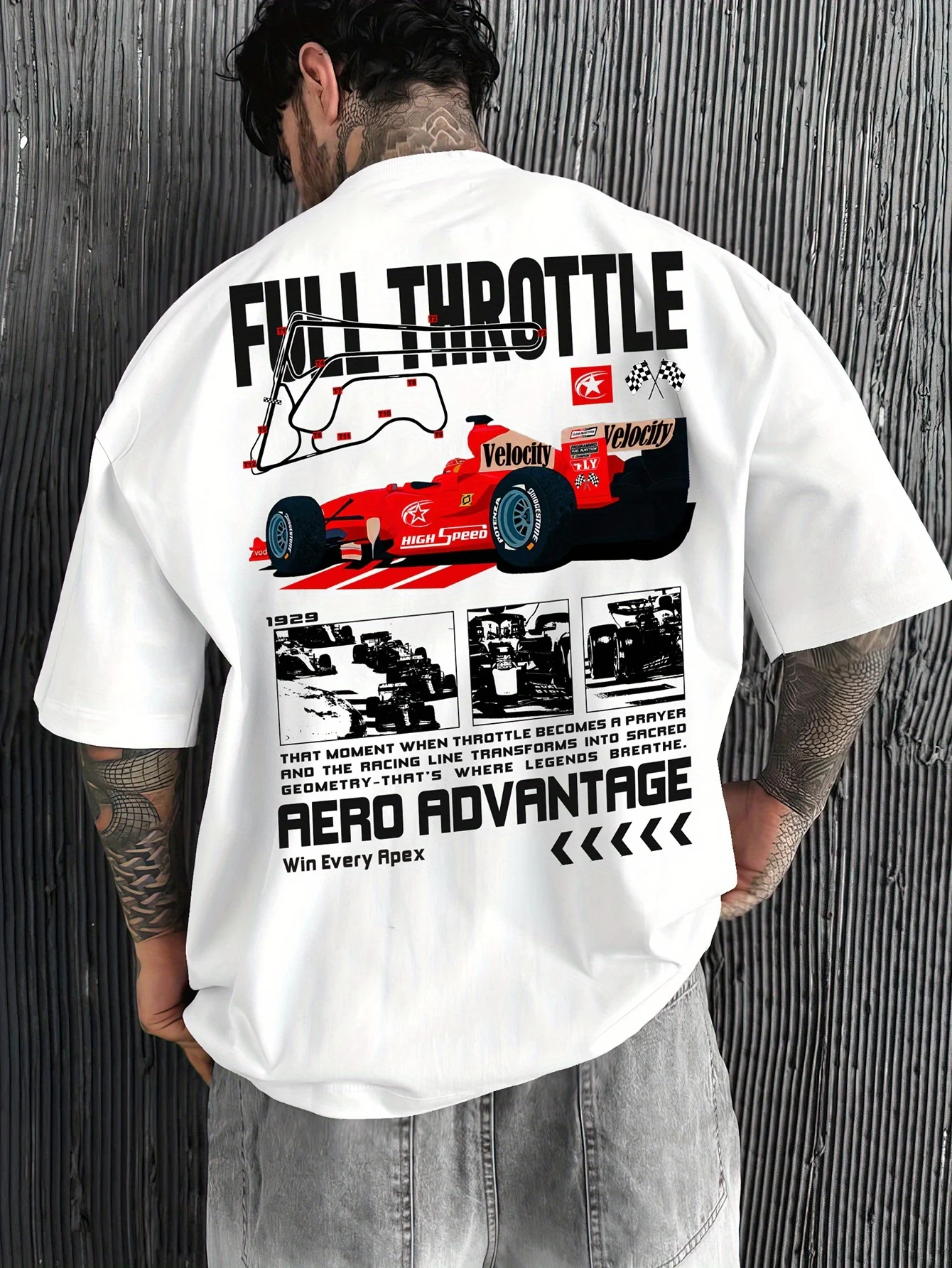 Men Full Throttle Racing Car Back Print Graphic Tee Oversized Vintage Motorsport Streetwear Short Sleeve T-shirt