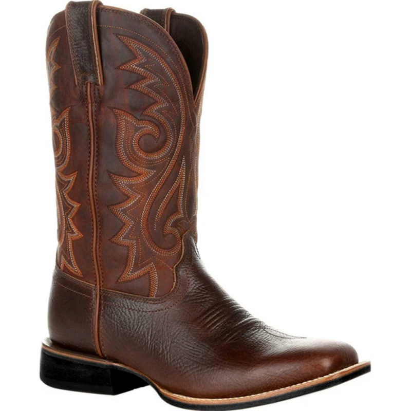 Male Western Cowboy Boots Embroidered Design Leather Boots Western Style Mid Calf Boots Outdoors High Boots Large Size 38-48