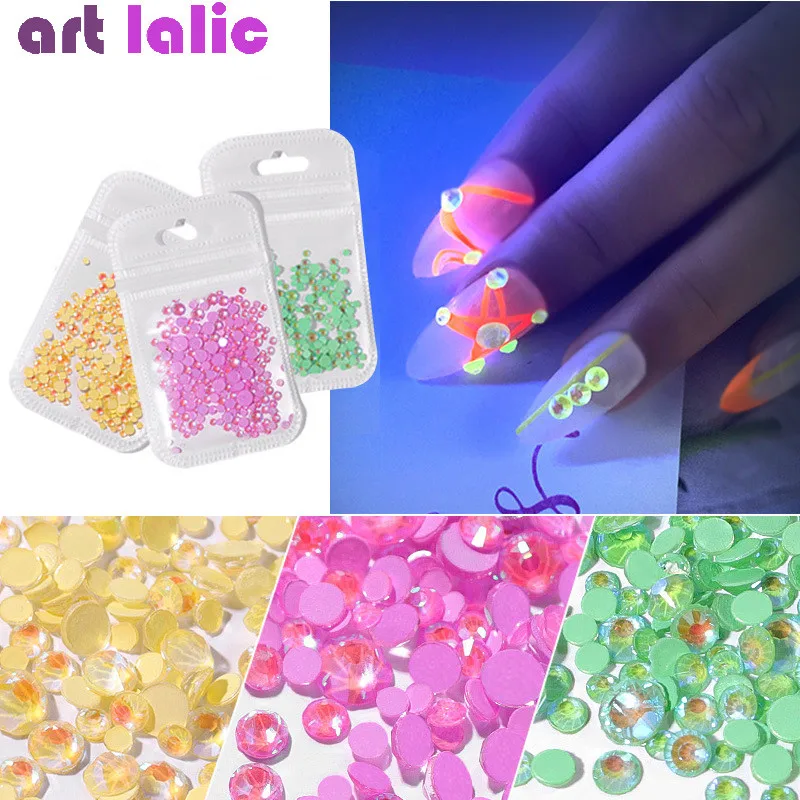 1Pack Luminous Crystal AB Nail Rhinestones Mixed Size  Glitter Glass Gem 3D Charm Flatback Strass Fluorescence Nail Art Decor