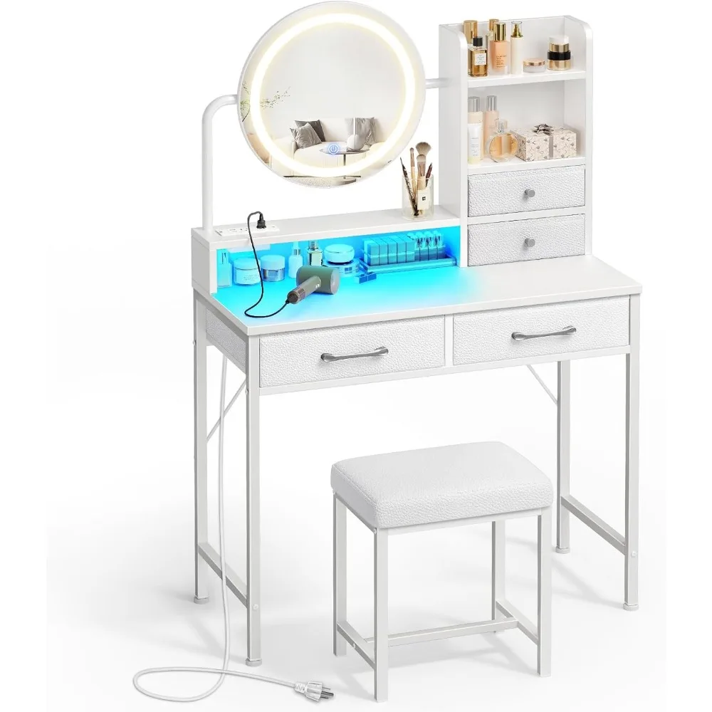 

Vanity Desk with Lighted Mirror & LED Lights, Makeup Table with Power Outlet & 4 Storage Drawers, Vanity Desk