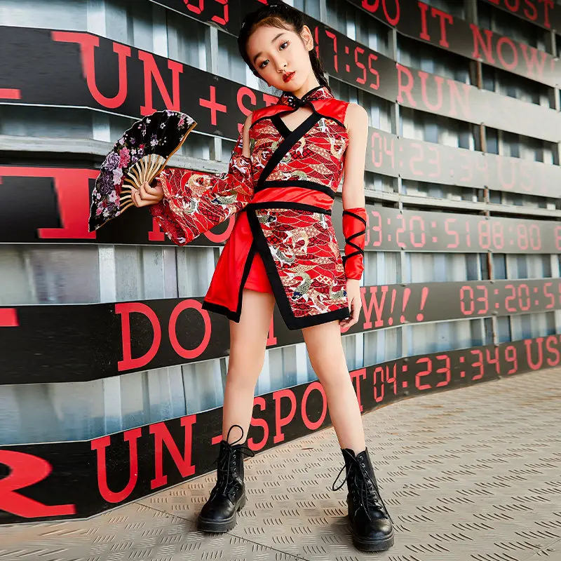 Girls Red Ethnic Chinese Style Street Dance Dress With Top Set Summer Breathable Fashion Outfit Stage Performance Practice Wear