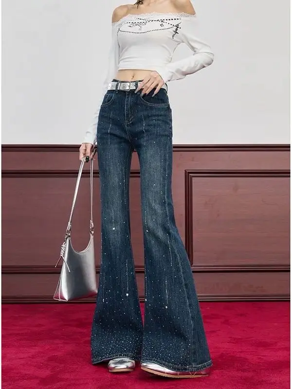Retro American Design Spicy Girl Micro Flared Denim Jeans Women's Spring New Drill Slimming  Hoof Pants High Waist