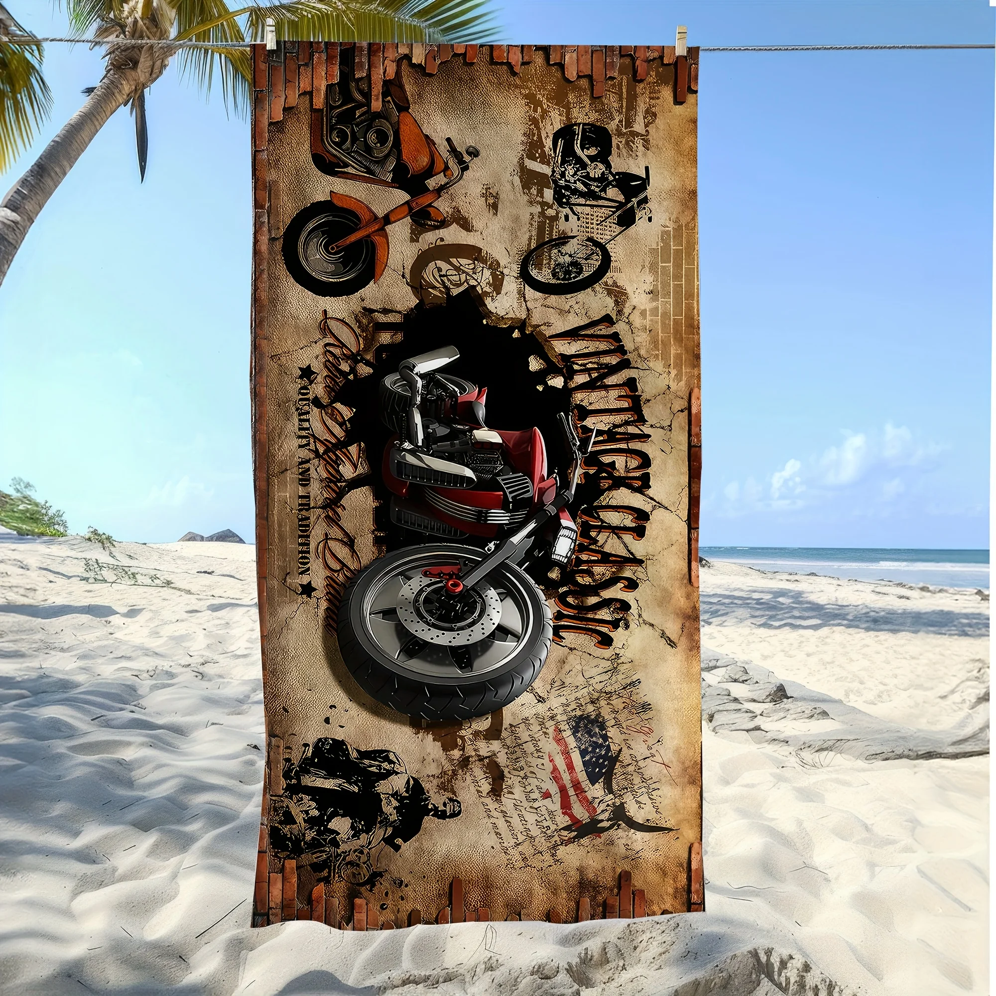 Vintage Classic Motorcycle Print Beach Towel Quick Dry Microfiber Sand Free Absorbent Washable for Biker Pool Travel