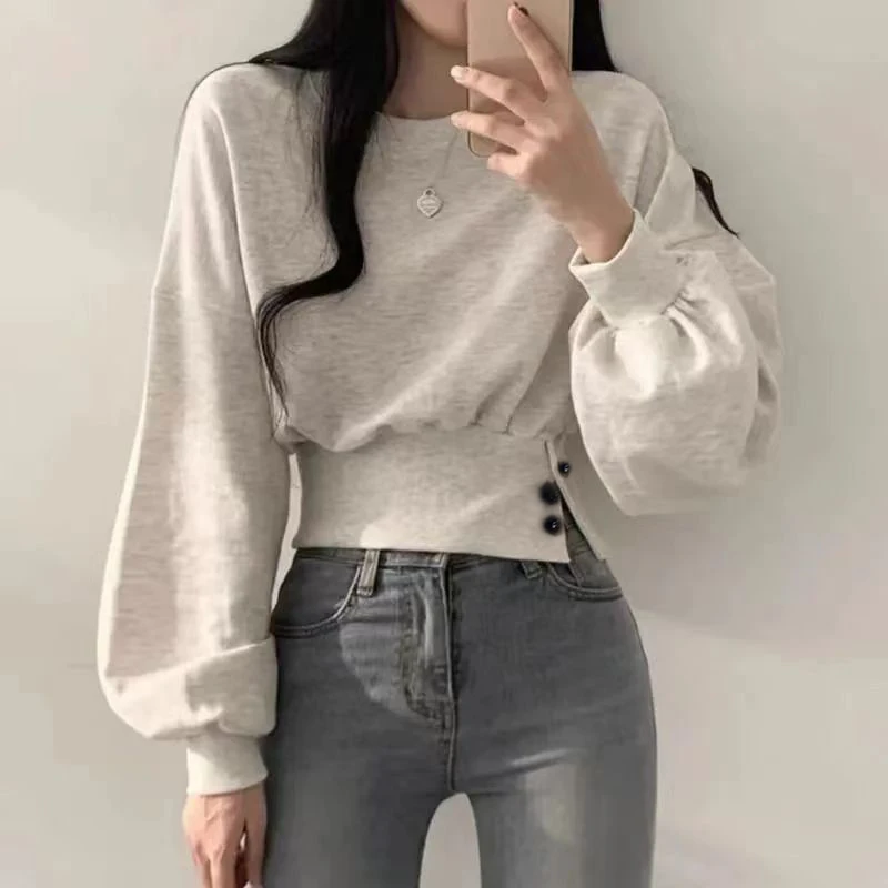 Autumn Women's Sweatshirts Solid O-Neck Slim Crop Top Lantern Sleeve Button Casual Pullover Sweet Blouse Sporty Chic Y2k Clothes