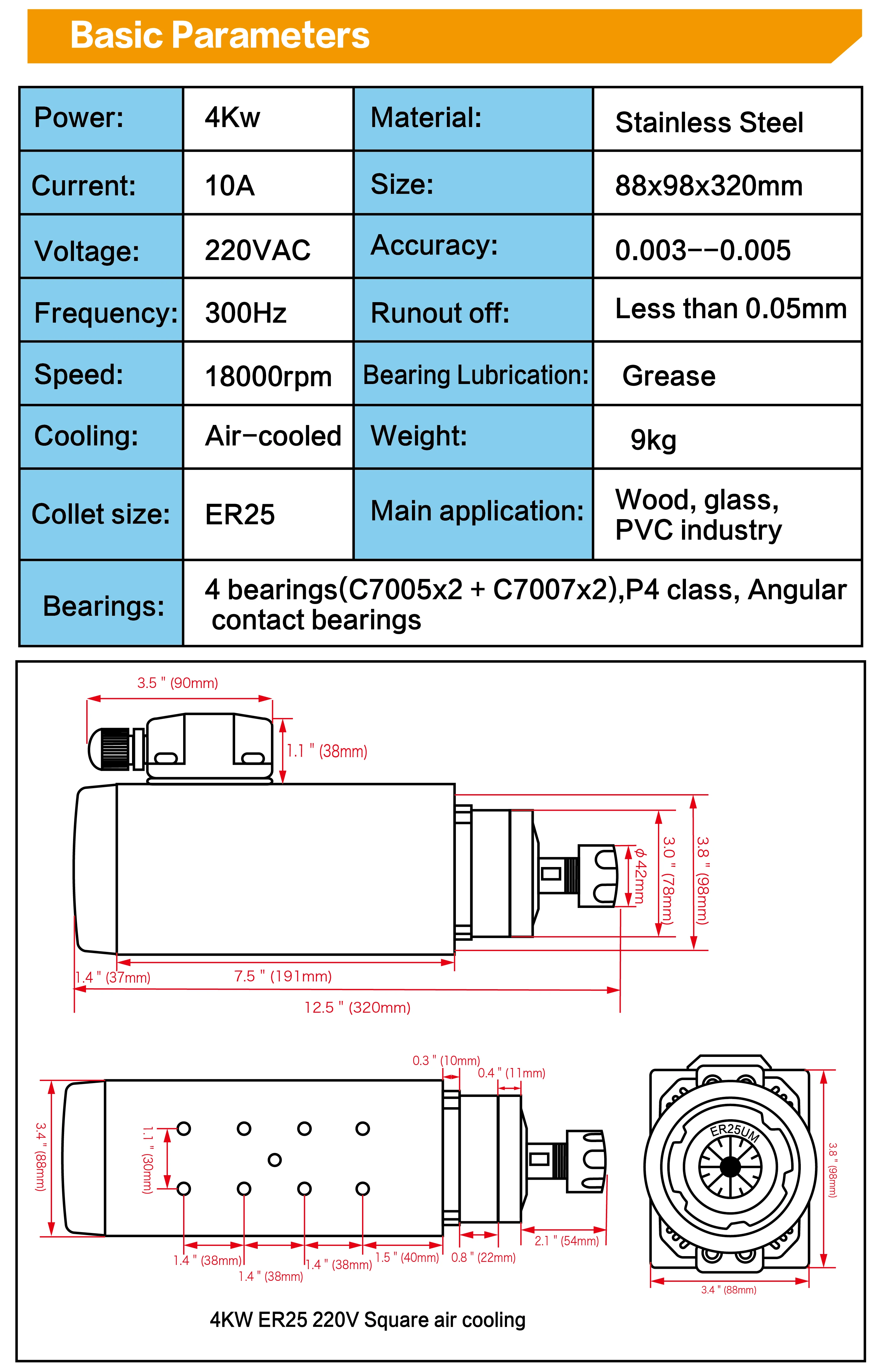 『EU Stock』Square Air Cooled Spindle Motor 220V 4KW ER25 Collets 4 Bearings High Speed HY VFD for CNC Engraving Milling Grind