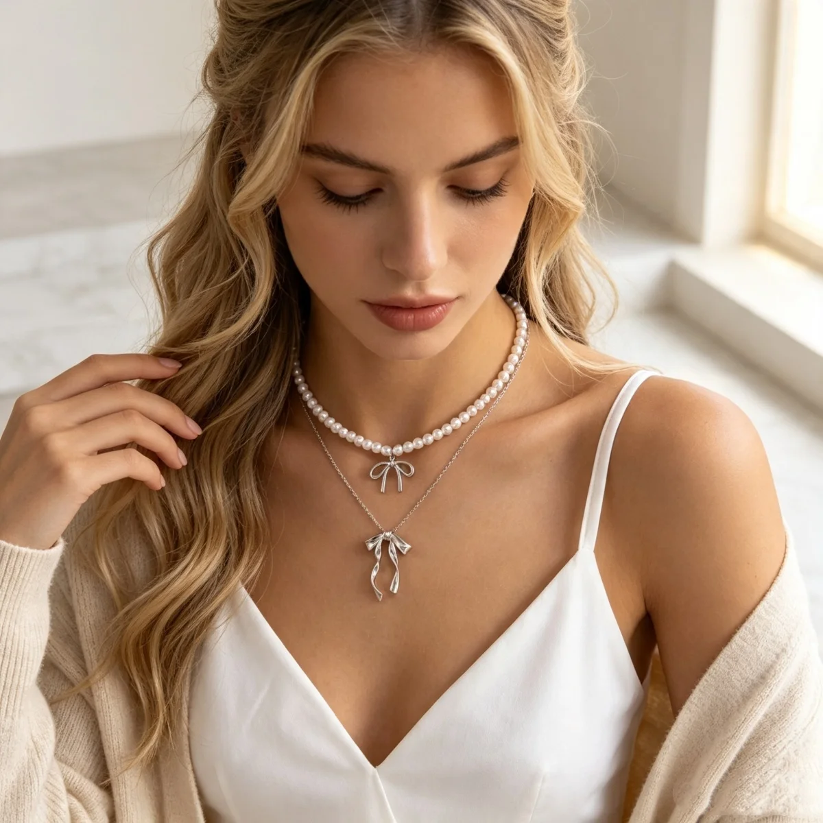 Süßer, cooler Stil Metallband-Schleife mit simulierten Perlenkette für Frauen, zierliche elegante Twist-Schleife Choker, ästhetischer Schmuck – Detail 16