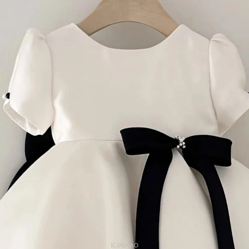 

Elegant Princess Baby Girl Satin 1st Birthday Dress Wedding Flower Girl Princess Gown Black White Classic Party Outfit Clothes