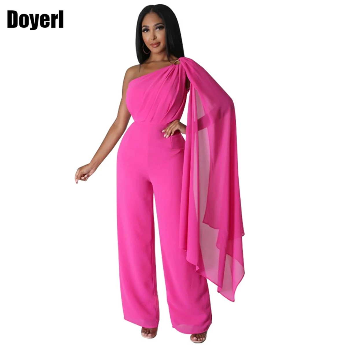 Elegant Jumpsuits and Rompers for Women 2023 Solid Chiffon One Shoulder Full Sleeve High Waist Long Pant Evening Party Overalls