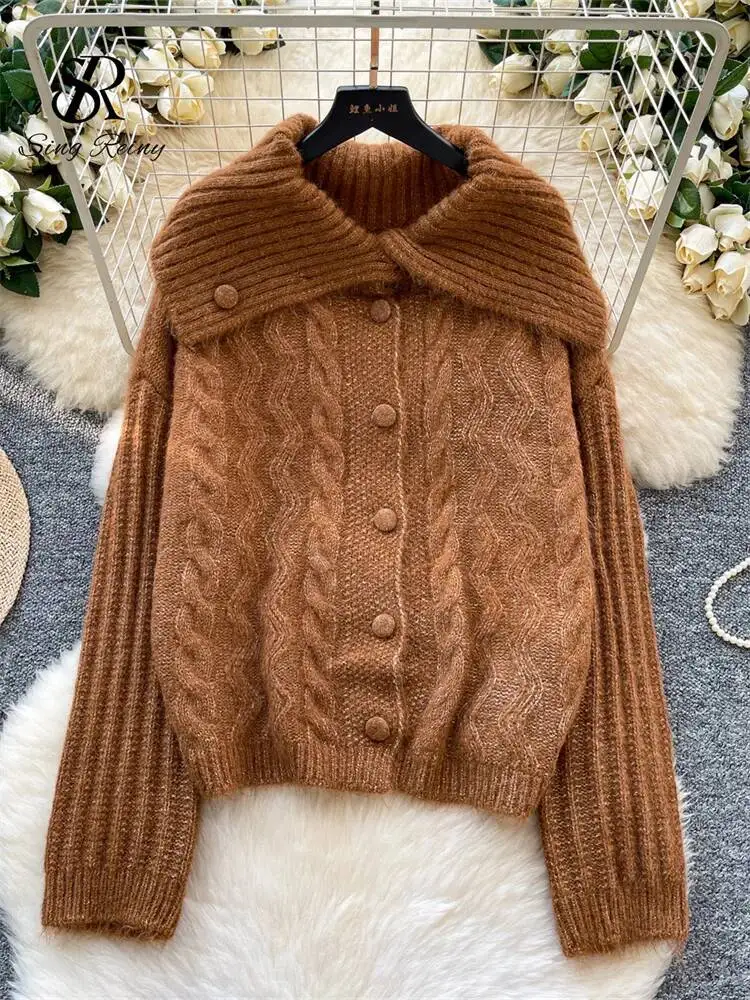 Autumn Casual Vintage Sweater Lapel Full Sleeve Buttons Design Thick Tops Ins Classic Twist Drill Knitted Cardigan