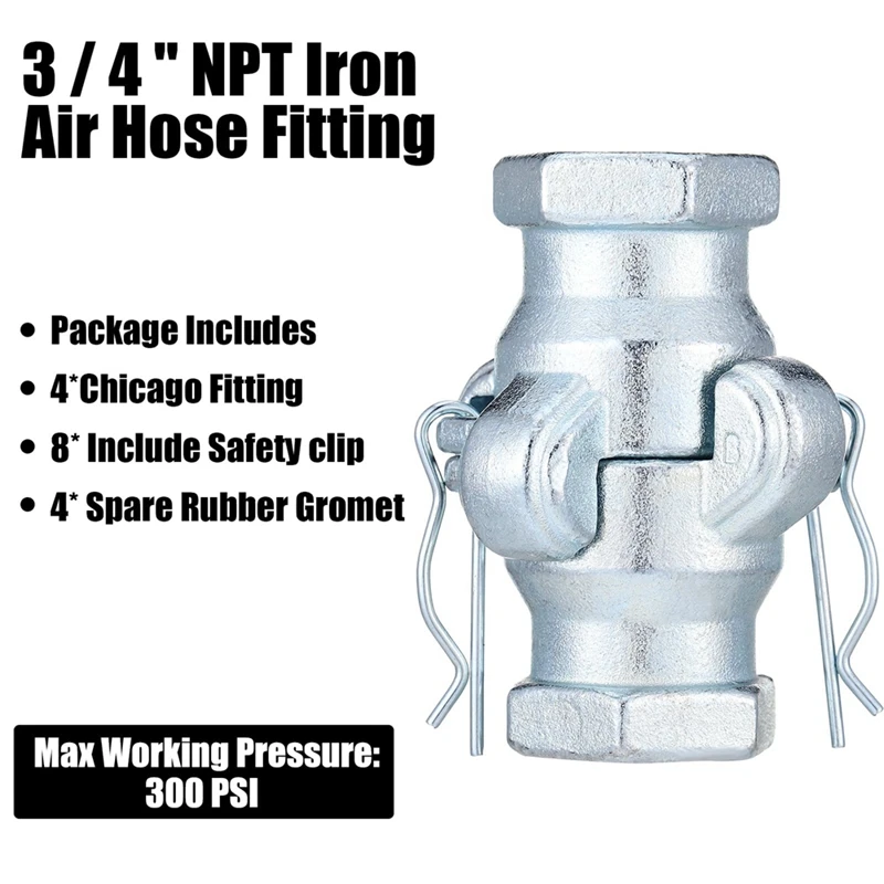 4 set NPT Iron Air Hose Fitting 2 Lug Universal Coupling Chicago Fitting per estremità femmina e maschio (3/4 pollici, estremità femmina) durevole