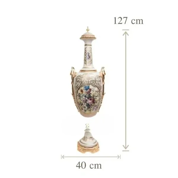 Luxury antique porcelain vase with gold brass base and handle floral painting tall decorative centerpiece classic