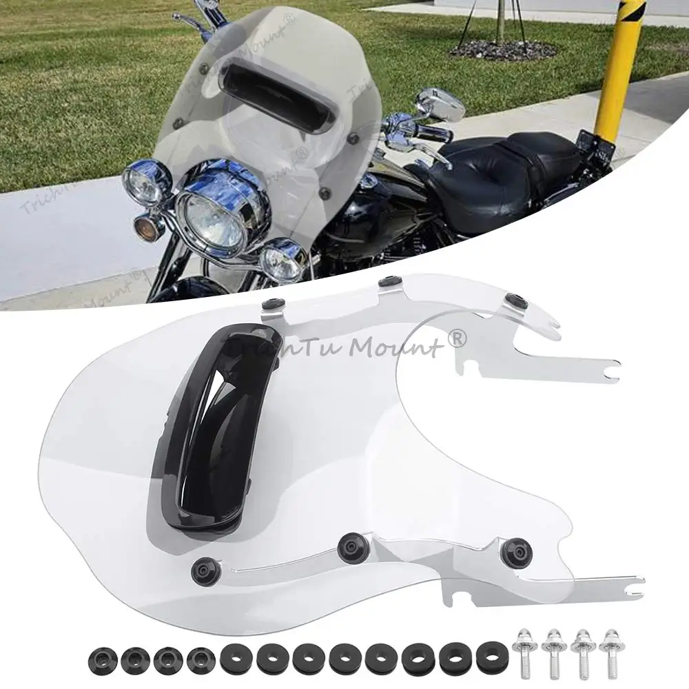 1Set Front Windscreen With Hardware Kit Wind Deflectors Compatible With Harley Davidson Road King 1994-2025 Chrome Bracket Clear