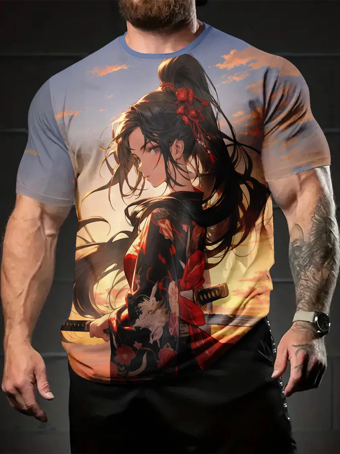 Men Crew Neck Tee With Scenic Sunset Cartoon Lady Art Decor Print
