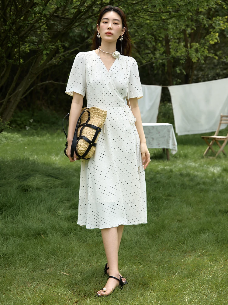 DUSHU French Style V-neck Retro Polka Dot Women Long dress 2024 Summer New Versatile Casual Elegant Dress 24DS82539 24DS82688
