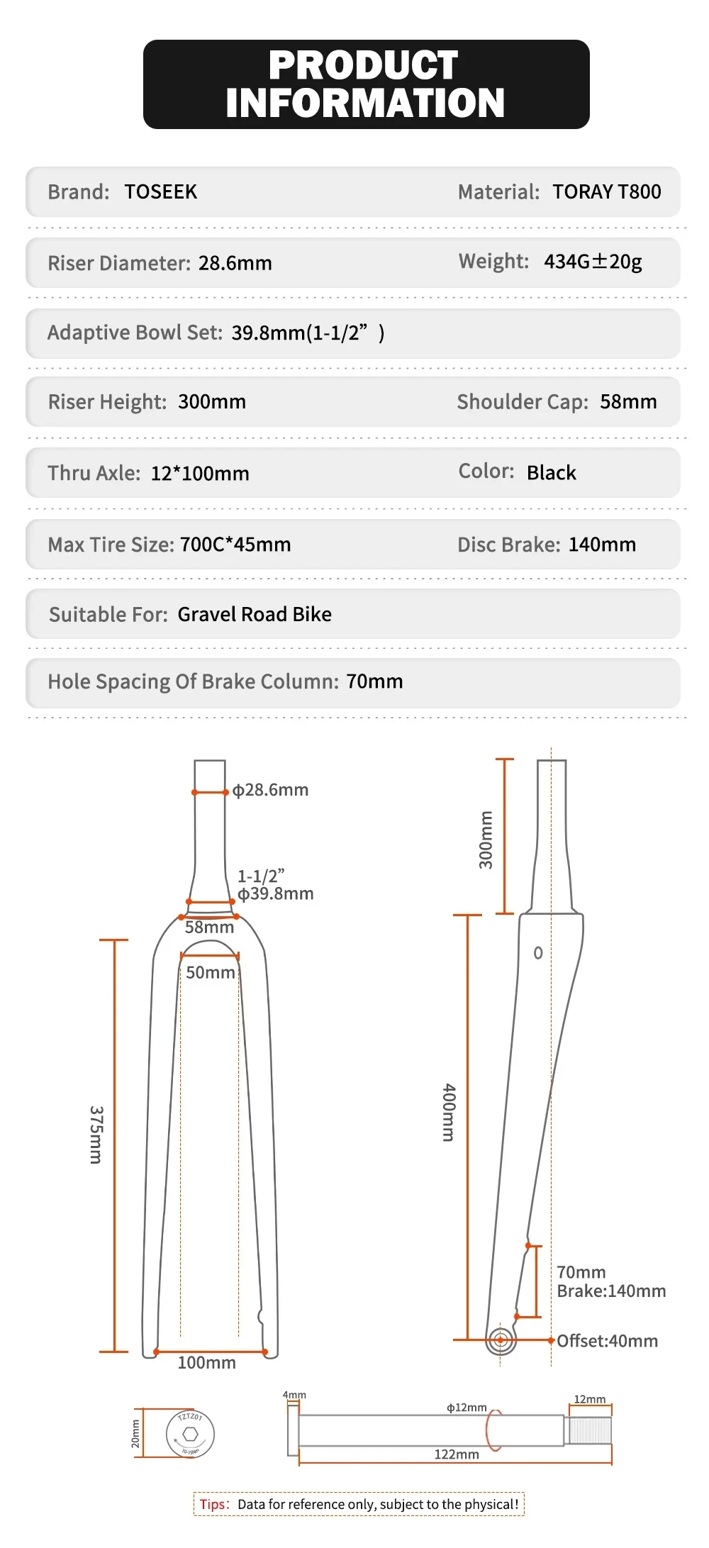 TOSEEK Gravel-Gabel 700C*45C T800 Carbonfaser Fahrrad-Vordergabel Rennradgabel Konische Gabeln QR 9*100mm oder Steckachse 12*100mm – Detail 14