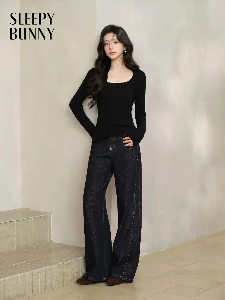 Contrast Stitch Straight Jeans for Women Lady High Waist Loose Fit Wide Leg Denim Pants Slimming Casual Spring Daily Streetwear