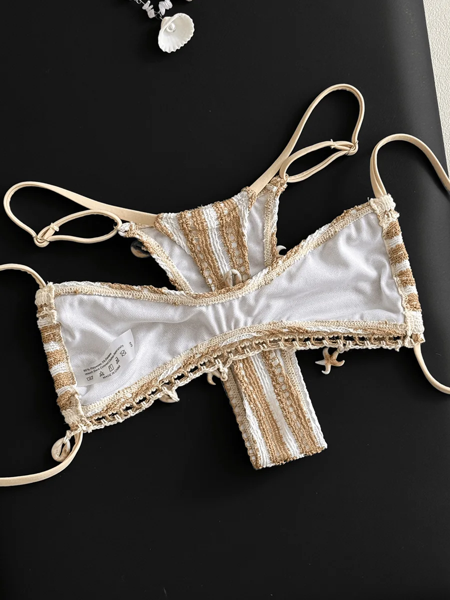Beige Striped Shell Fishnet Bandeau Bikini Sexy Shell Starfish Ornament Pleate Push Up Bra Thong Swimsuit Beach Bathing Suit
