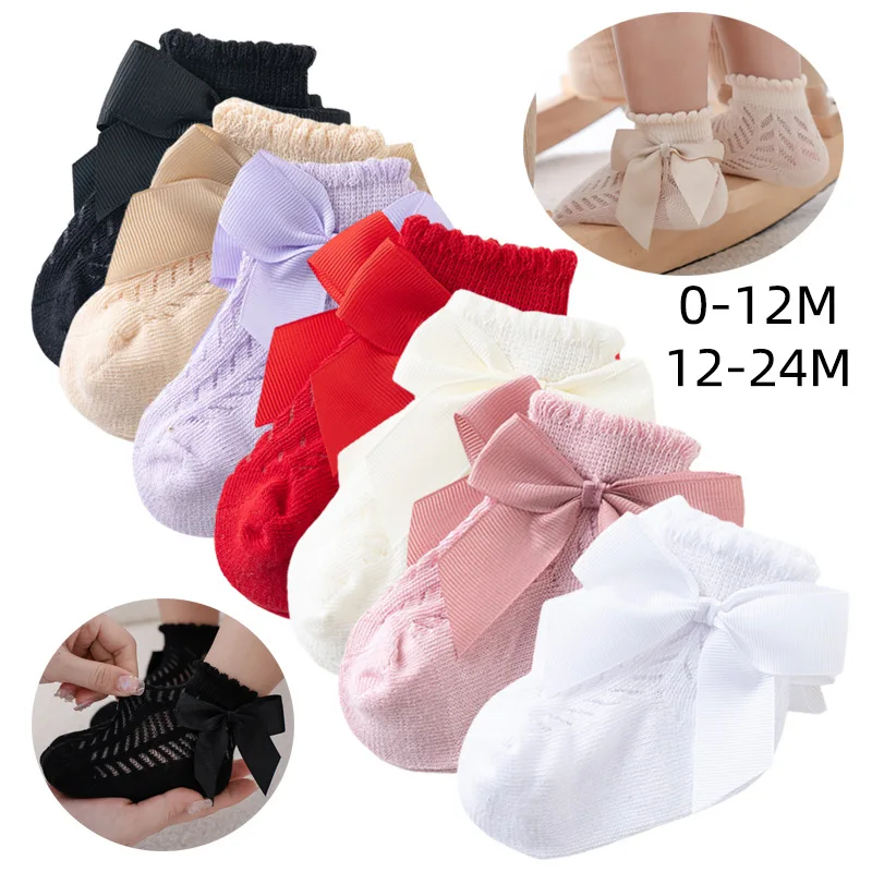 2024 Spring/Summer new bow girls breathable mesh socks cute little princess red first year socks