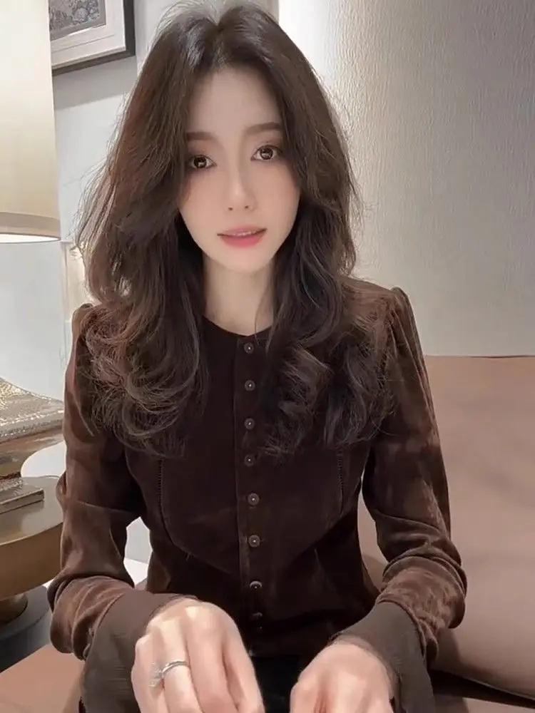 

Temperament Lady Tops Blouses For Women 2026 Blusas Mujer De Moda Long Sleeve Slim Waist Shirts Patchwork Gauze Velvet Blouse