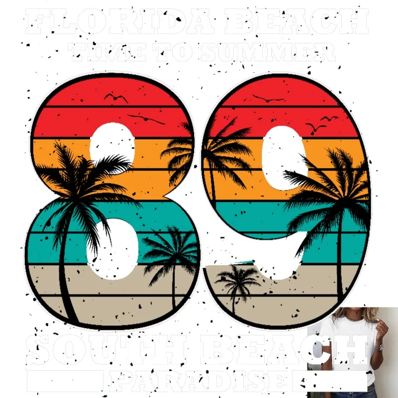 Retro 89 Number Coconut Tree Beach Heat Transfer White Ink Iron - on, Suitable for T - shirts/Canvas Bags, Summer Vacation