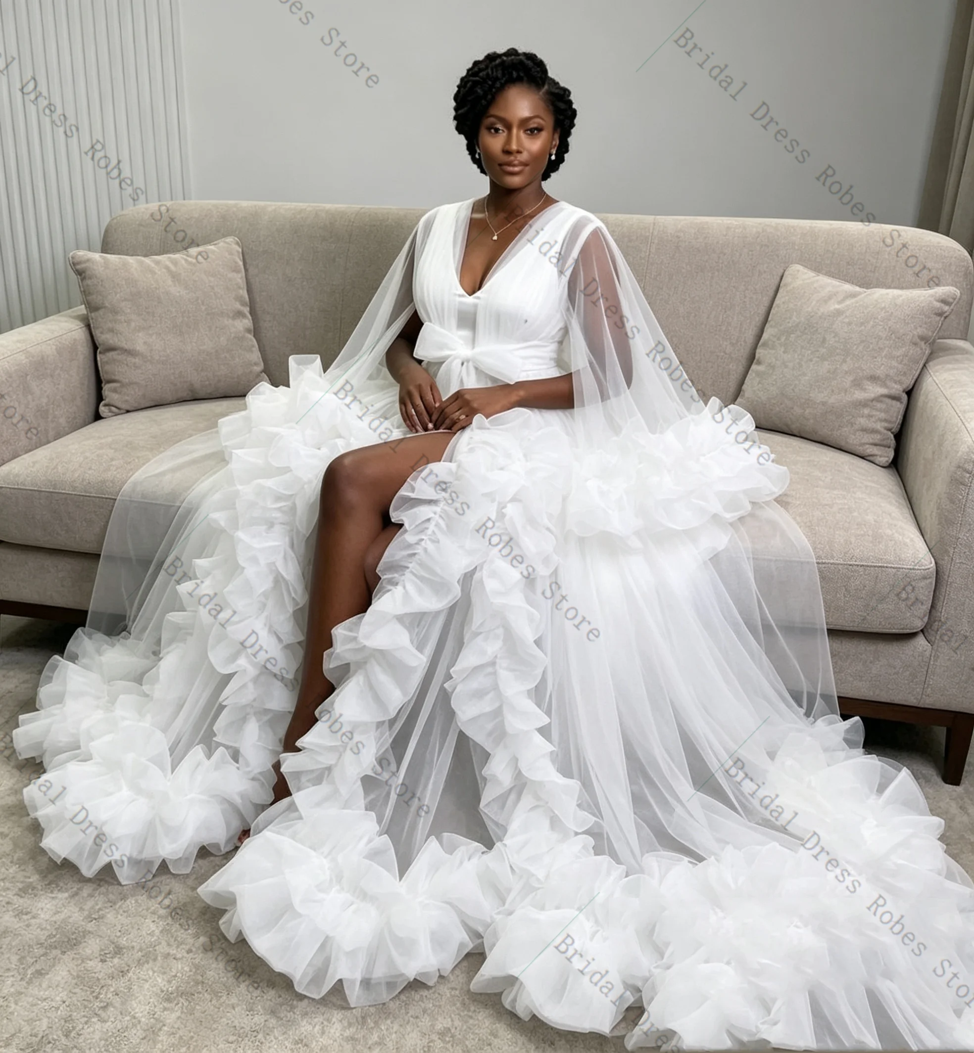White Sheer Women Prom Dress For Photoshoot Formal Sexy V Neck Full Sleeves Tiered Bridal Morning Robe Customized Night Gown