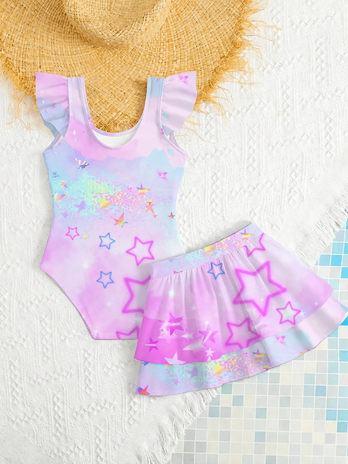 Trendy Girls 2Pcs Kawaii Cartoon Swimwear, Pastel Rainbow Ombre Flutter Sleeve One Piece Bikini, 4 Idol Girl Graphic Two-Tier Swimsuit