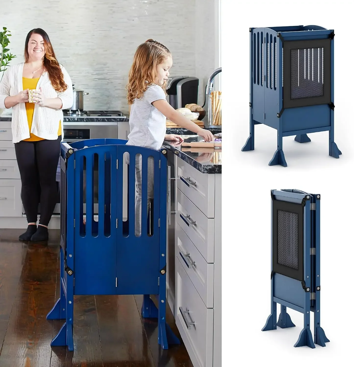 Contemporary Kitchen Helper® Stool - Royal Navy: Folding Toddler Safety Tower with 2 Keepers and Non-Slip Mat, Adjustable Height
